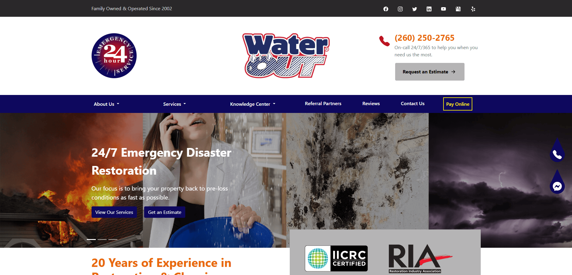 Screenshot of a disaster restoration companys homepage featuring a 24/7 emergency service banner, contact info, navigation bar, fire and water damage images, and options to request an estimate or pay online.