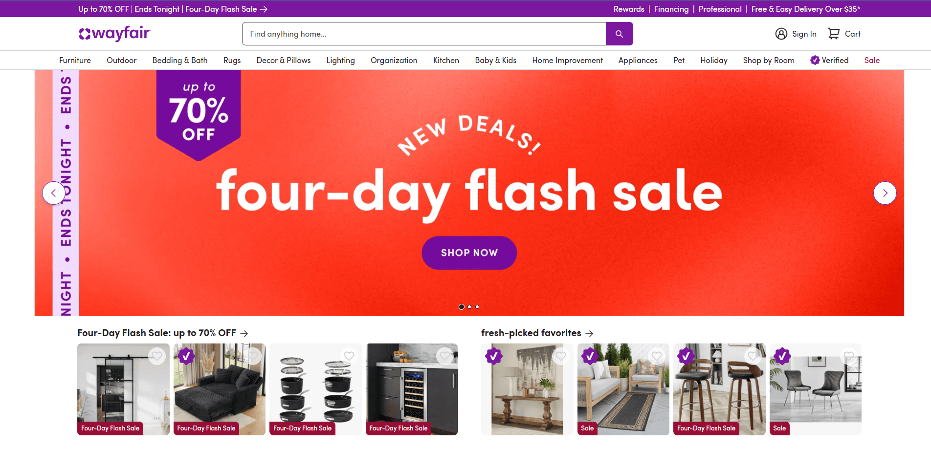 Wayfair homepage featuring a banner for a four-day flash sale with up to 70% off. Sale categories like furniture and decor are shown, along with product images, prices, and a purple “Shop Now” button.