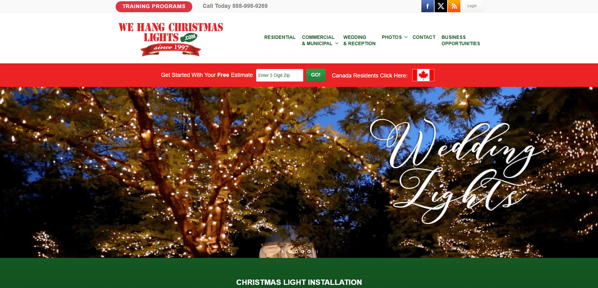 Website homepage for We Hang Christmas Lights, featuring a large tree decorated with white string lights at night and the text Wedding Lights overlaid on the image. Menu and contact info appear at the top.