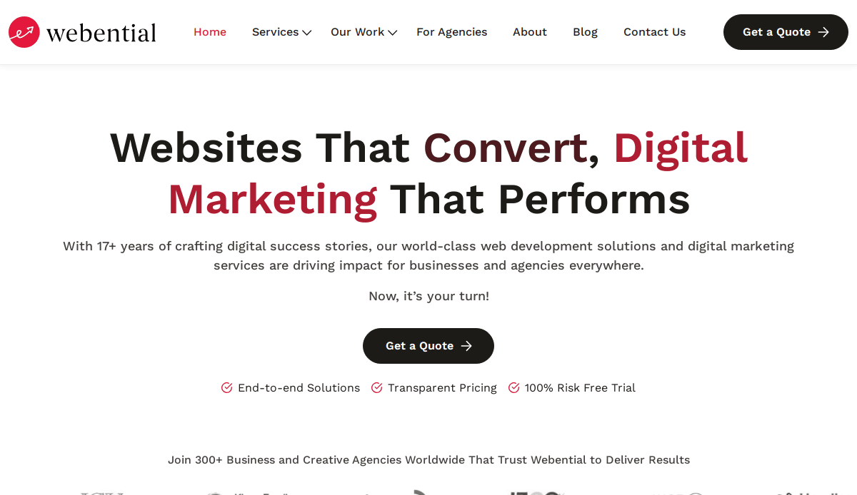 Screenshot of the Webential homepage showing the tagline: Websites That Convert, Digital Marketing That Performs, with a call-to-action button labeled Get a Quote and icons for solutions, pricing, and free trial.