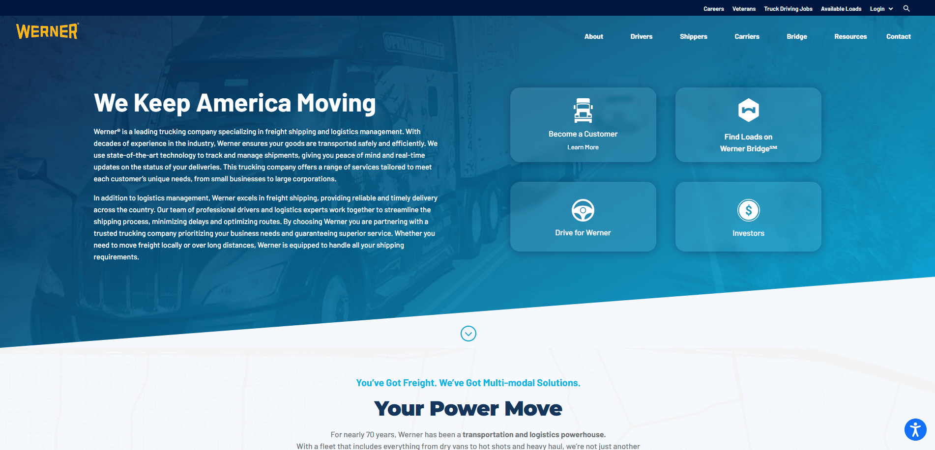 Screenshot of the Werner Enterprises website homepage, featuring a blue overlay, navigation menu, introduction text about freight and logistics, and four main buttons: Become a Customer, Find Loads on Werner EDGE, Drive for Werner, and Investors.