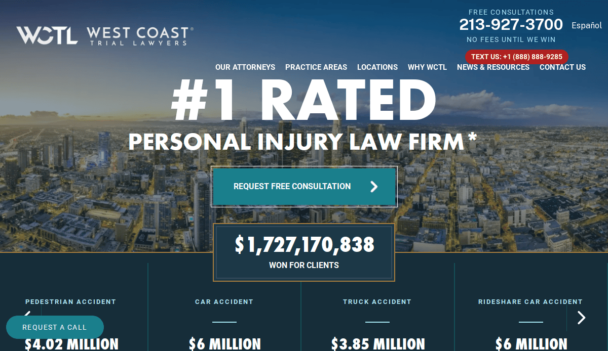 Screenshot of West Coast Trial Lawyers website featuring a cityscape background, bold text stating #1 Rated Personal Injury Law Firm, and a highlighted total of $1,727,170,838 won for clients. Contact options are shown at the top.