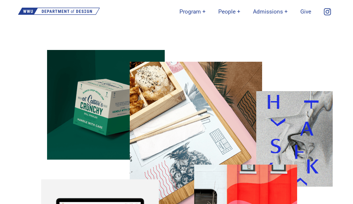 A collage of design images, including a branded snack box, a food tray with chopsticks, abstract art with text, a grayscale photo of a face, and a building facade with red and white colors.