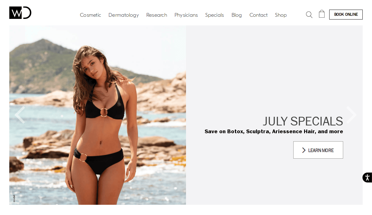 A woman in a black bikini stands on rocky shoreline with the ocean and hills in the background. Beside her, text promotes July specials on cosmetic treatments like Botox and Sculptra at a dermatology clinic.