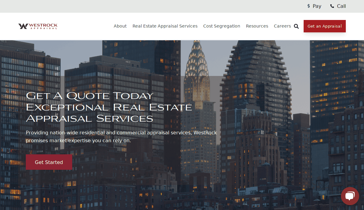 Website homepage for WestRock Appraisal showing city skyscrapers, navigation menu, and text offering residential and commercial real estate appraisal services. A red Get Started button is visible.