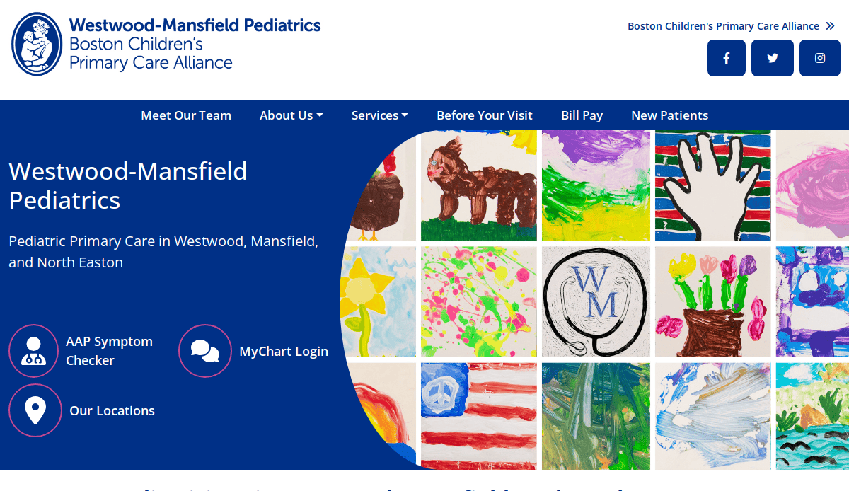Website homepage for Westwood-Mansfield Pediatrics, featuring a blue header, navigation bar, and a grid of colorful childrens drawings, including animals and abstract shapes, with buttons for symptom checker and location info.