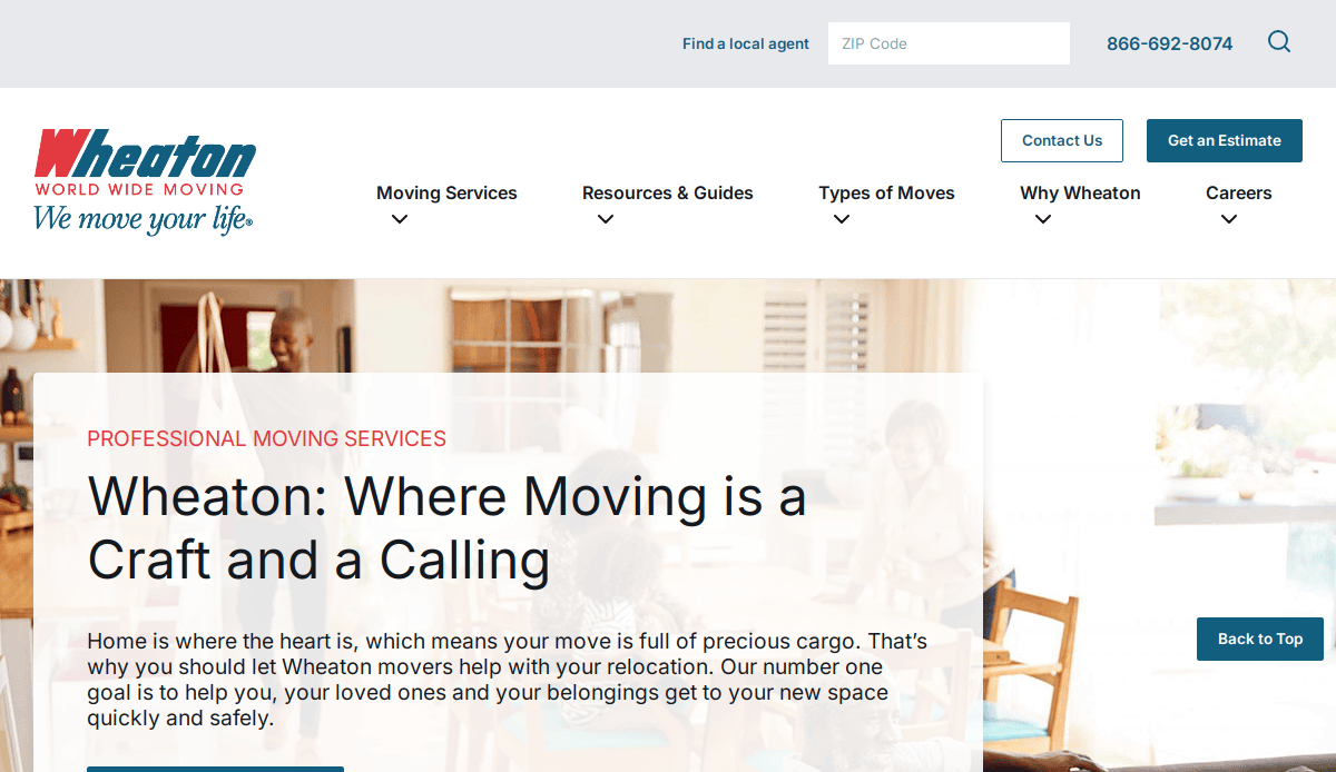 Screenshot of Wheaton World Wide Moving’s website, showing navigation menus, contact options, and a featured section titled “Wheaton: Where Moving is a Craft and a Calling,” with an image of people packing boxes in the background.