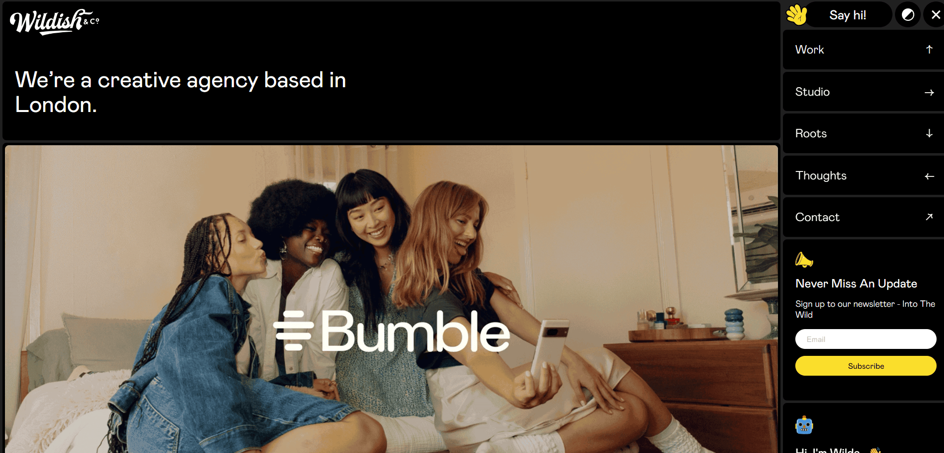 Four young women sit closely together on a couch, smiling and taking a selfie. The image features the Bumble logo. The text above reads, We’re a creative agency based in London.