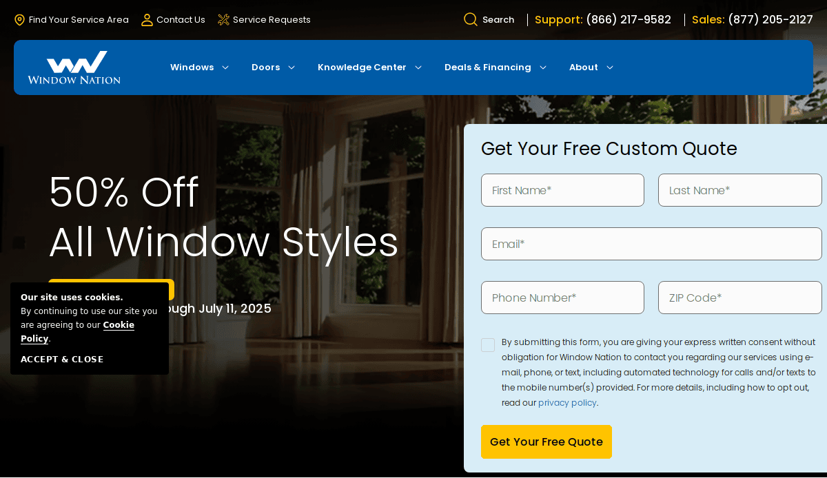 Screenshot of the Window Nation website showing a 50% off promotion on all window styles and a form on the right to get a free custom quote, with fields for name, email, phone, and zip code. A cookie consent banner appears bottom left.