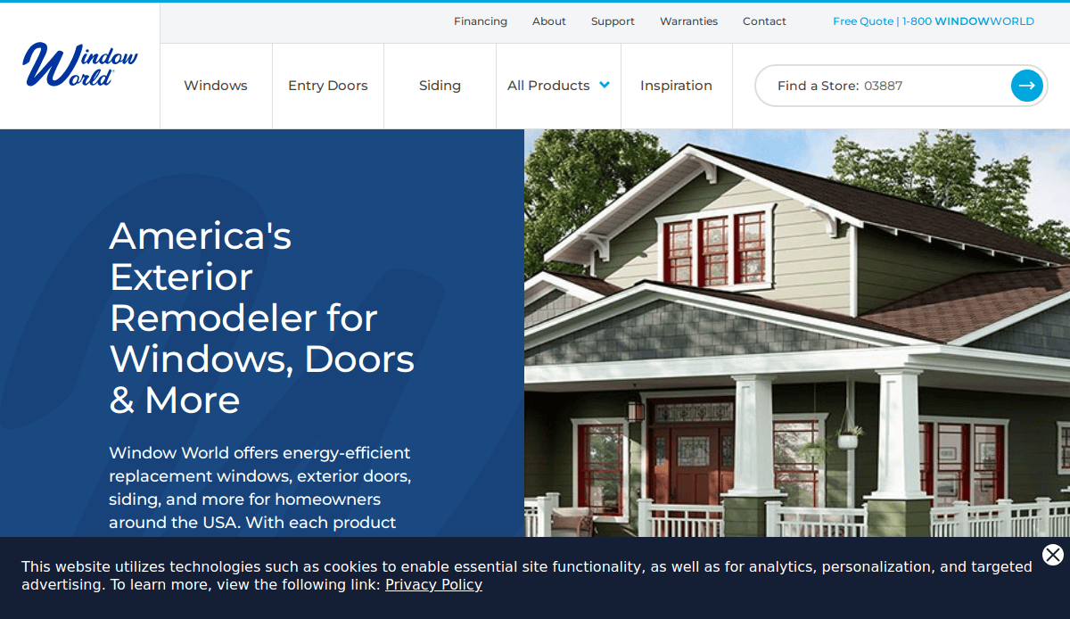 Screenshot of the Window World website homepage, showing a green house with white trim, the company logo, navigation menu, search bar, and a blue banner reading “America’s Exterior Remodeler for Windows, Doors & More.”.