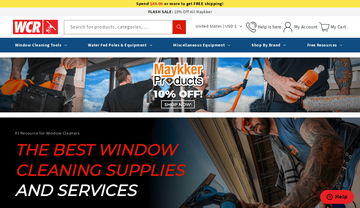 Screenshot of the Window Cleaning Resource website homepage, featuring a banner for Maykker products, navigation menus, a yellow free shipping notice, and the headline The Best Window Cleaning Supplies and Services.