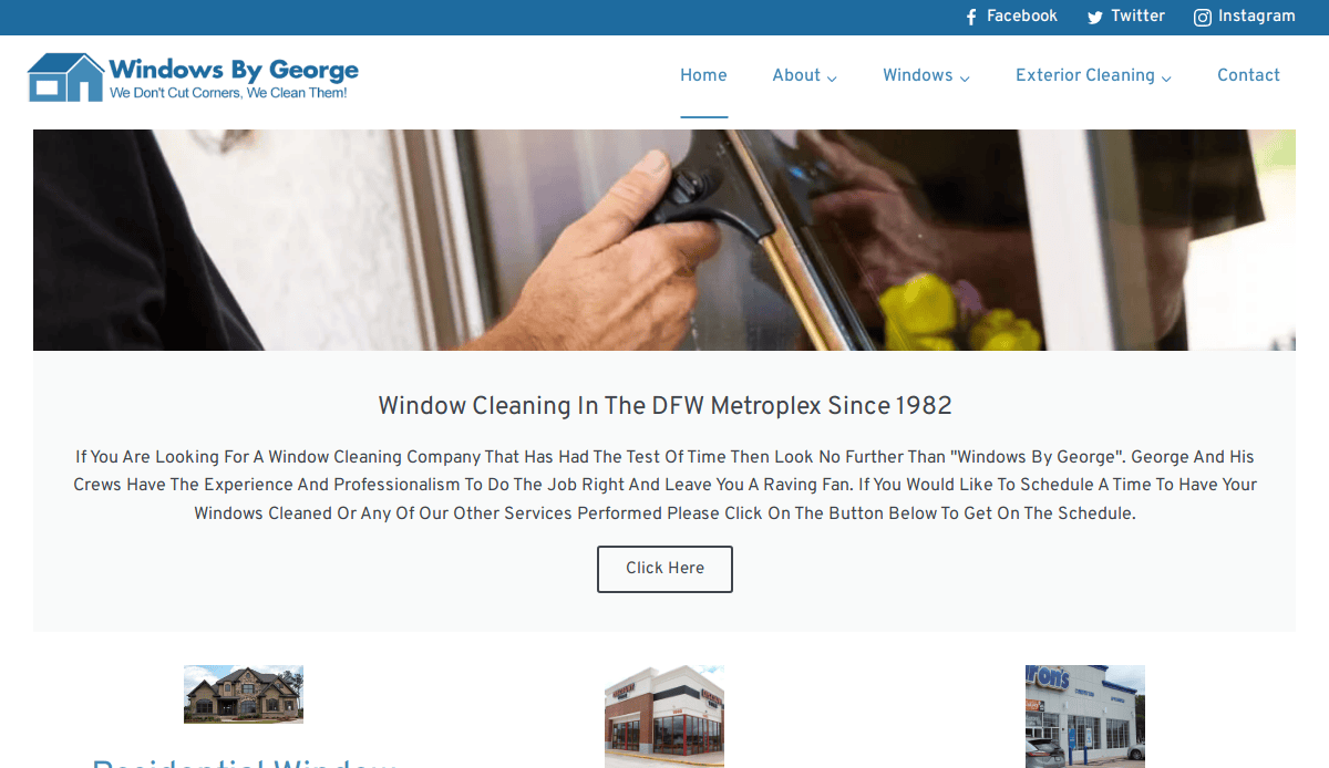 Screenshot of “Windows By George” website homepage featuring a person cleaning a window with a squeegee, navigation links at the top, and a description about window cleaning services in the DFW Metroplex since 1982.