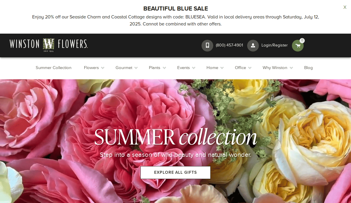 Website homepage for Winston Flowers featuring a banner about a summer sale, navigation menu, and a background image of pink and yellow roses with the words SUMMER collection and a button labeled EXPLORE ALL GIFTS.