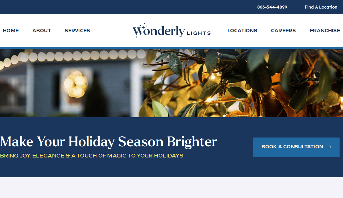 Website homepage for Wonderly Lights, featuring close-up holiday lights on a tree, a navigation menu, company contact info, and a banner reading Make Your Holiday Season Brighter with a Book a Consultation button.