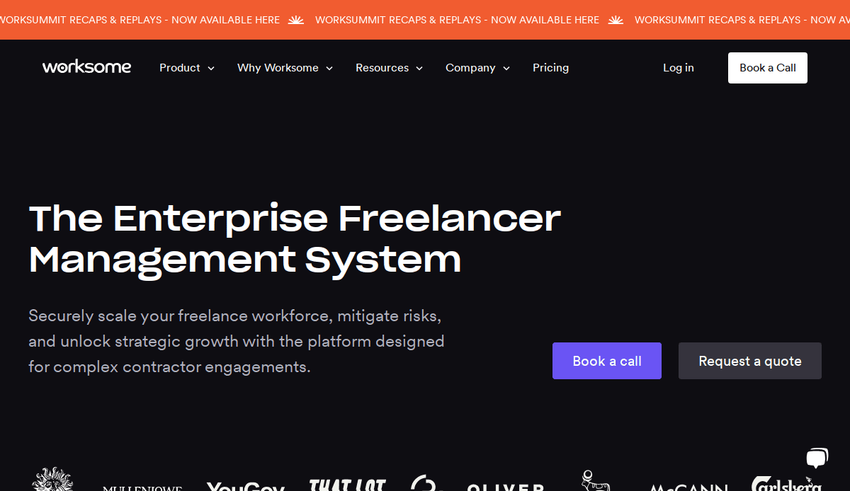 Screenshot of the Worksome website homepage highlighting The Enterprise Freelancer Management System with options to Book a call or Request a quote and logos of well-known companies at the bottom.