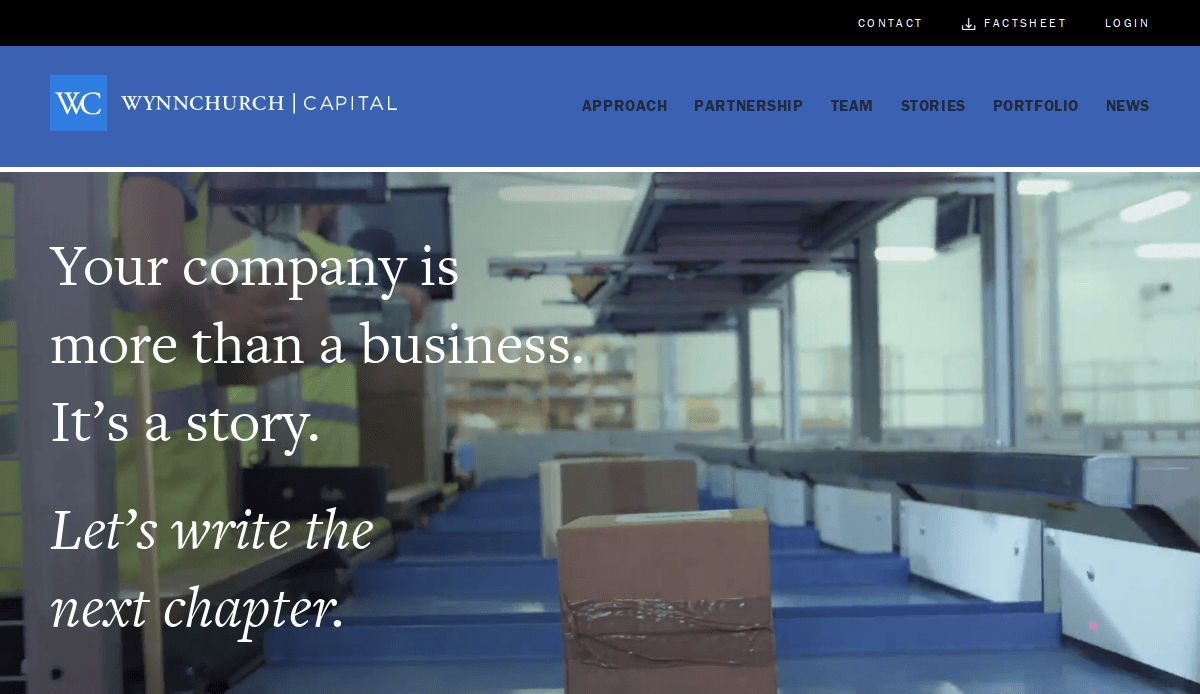 A conveyor belt with cardboard boxes moves through a warehouse. Overlaid text reads, “Your company is more than a business. It’s a story. Let’s write the next chapter.” Website navigation is visible at the top.
