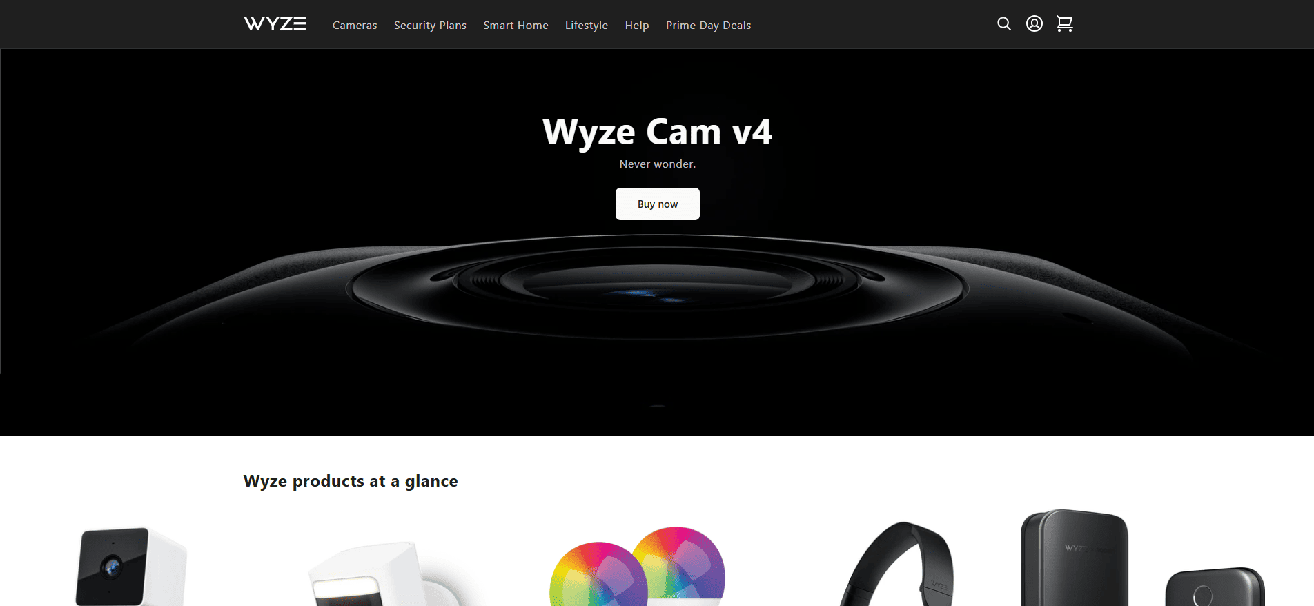 Screenshot of the Wyze website homepage featuring a banner for the Wyze Cam v4 with a Buy now button, and images of various Wyze products displayed below.