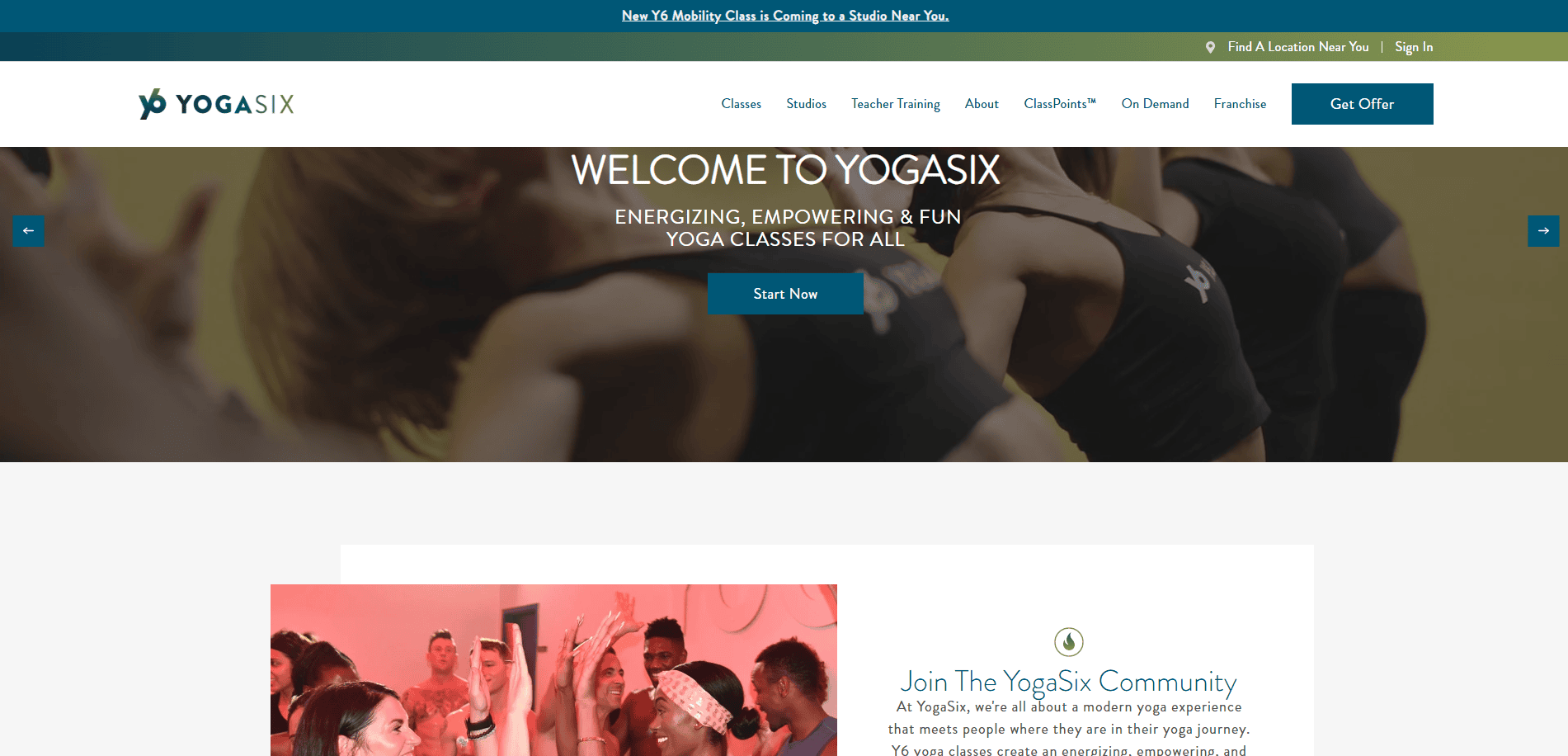 Screenshot of the YogaSix website homepage, featuring people practicing yoga, navigation menu at the top, “Welcome to YogaSix” headline, and buttons for starting now and getting offers.