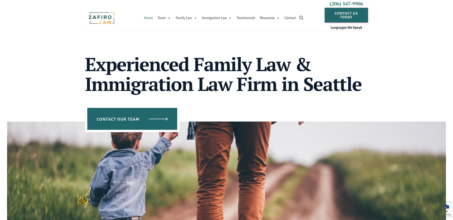 A law firm website with the headline Experienced Family Law & Immigration Law Firm in Seattle and a background image of an adult and child holding hands while walking on a path.