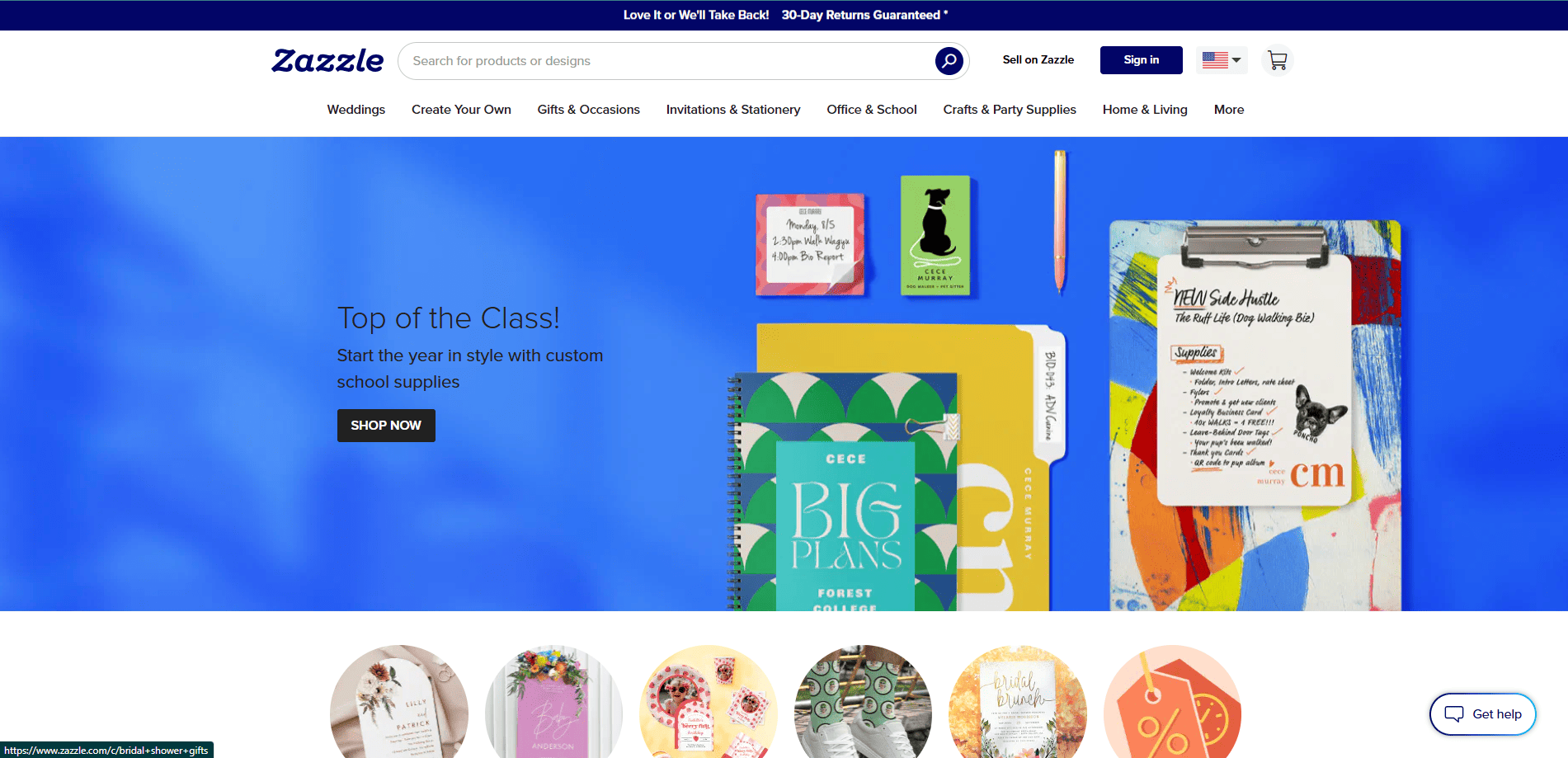 Screenshot of the Zazzle homepage featuring custom school supplies, including notebooks, clipboards, and planners, with a banner reading “Top of the Class!” and a “Shop Now” button in the center.