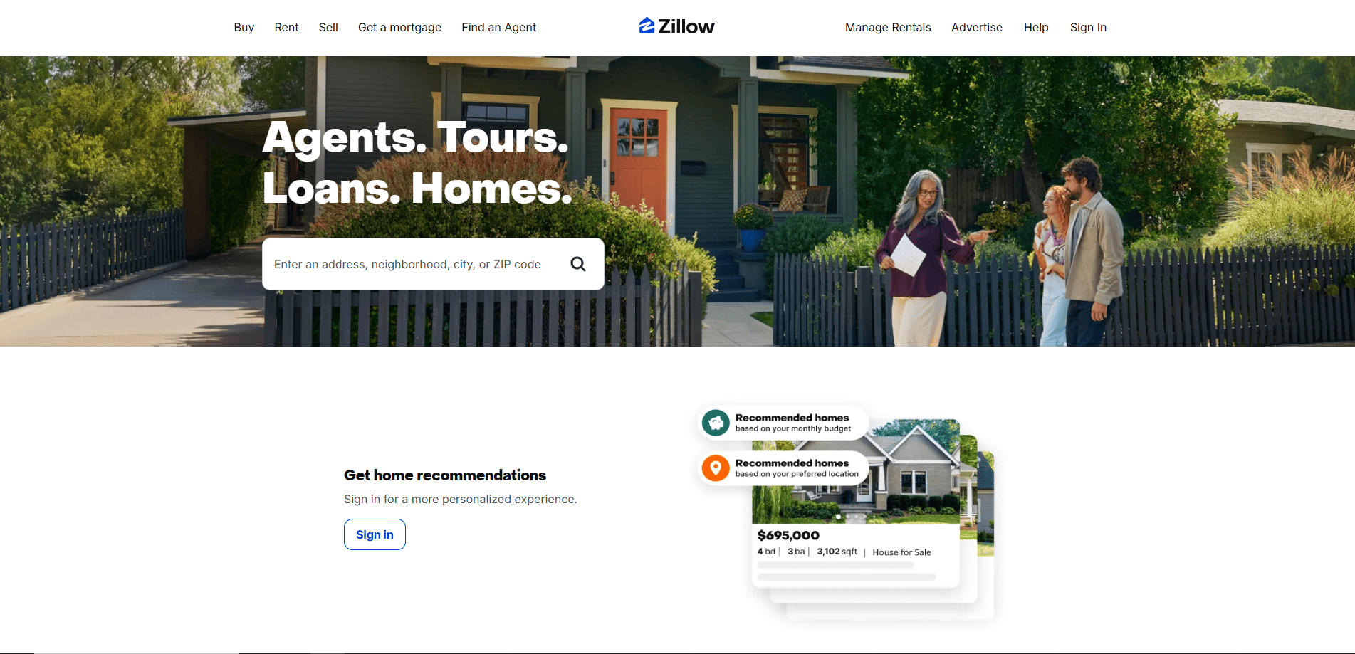 Zillow homepage with a search bar over a photo of two women talking outside a house; navigation menu at top and a home recommendations section with house images and prices below.
