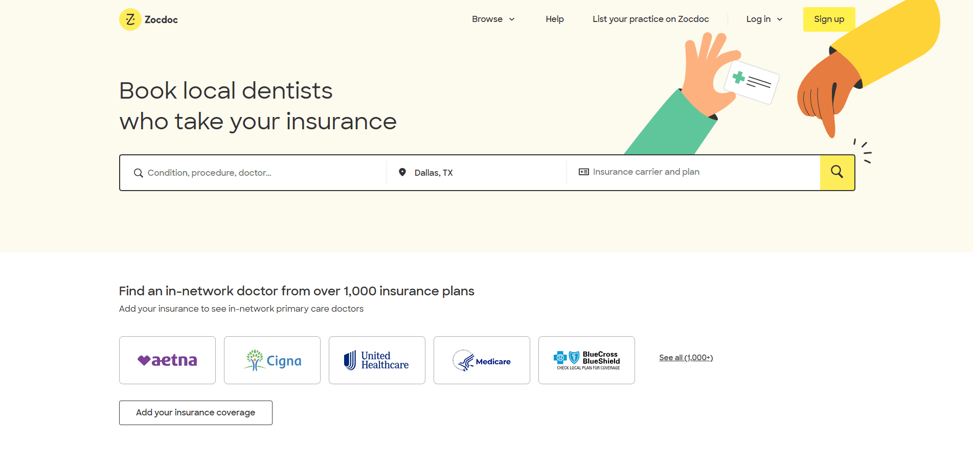 Zocdoc homepage for booking local dentists who accept your insurance, with a search bar, location set to Dallas, TX, search and sign-up buttons, and logos of major insurance providers displayed below.