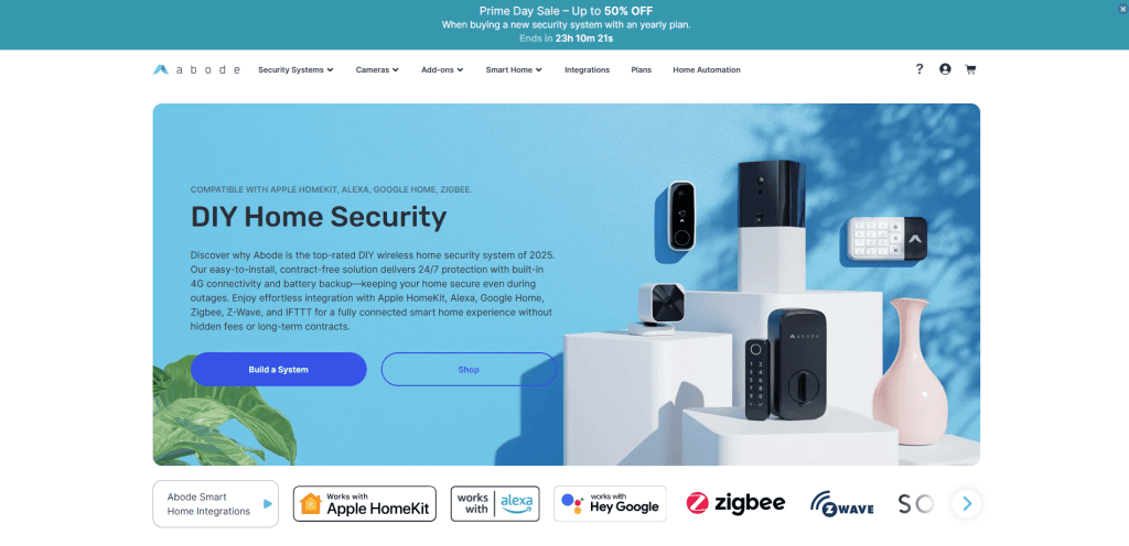 A website homepage for a DIY home security system, showing various smart security devices like cameras, door locks, and keypads on white blocks, with integration logos and a blue Build a System button.