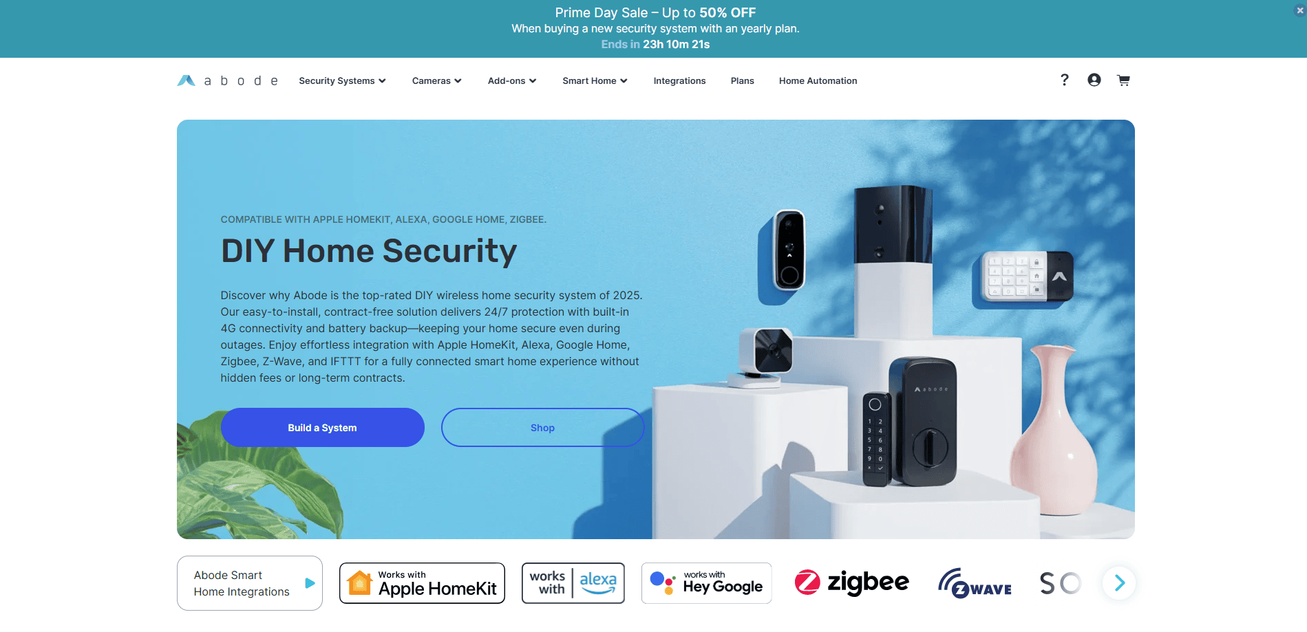 A website homepage for a DIY home security system, showing various smart security devices like cameras, door locks, and keypads on white blocks, with integration logos and a blue Build a System button.