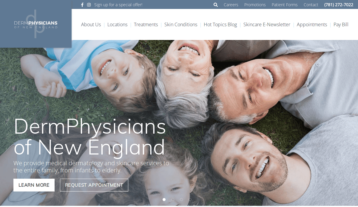 A smiling family of five, including two adults and three children, lies closely together on grass. The website header for DermPhysicians of New England is overlaid, along with a navigation menu and request appointment button.