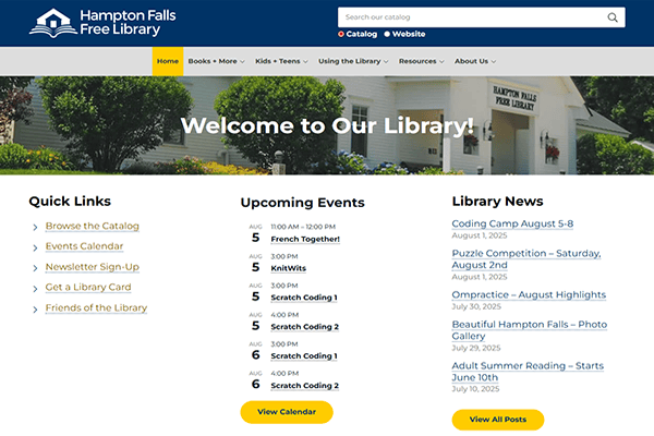 Screenshot of the Hampton Falls Library website homepage featuring a welcome message, quick links, upcoming events, and library news against a background image of the Hampton Falls Library building.