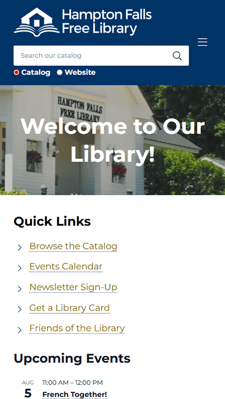 Screenshot of the Hendrick Hudson Free Library website featuring quick links, upcoming events, library news, new books, and hours. The design echoes classic Free Library sites like Hampton Falls Library with a blue and white palette and yellow highlights.
