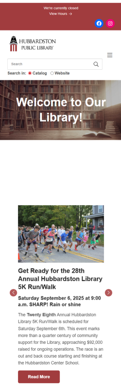 Screenshot of a library’s website homepage featuring news about preschool story time, links to knitting and quilt groups, calendar, Facebook, and catalog, plus contact info, hours, and location at the bottom. Colors are mainly maroon and white.