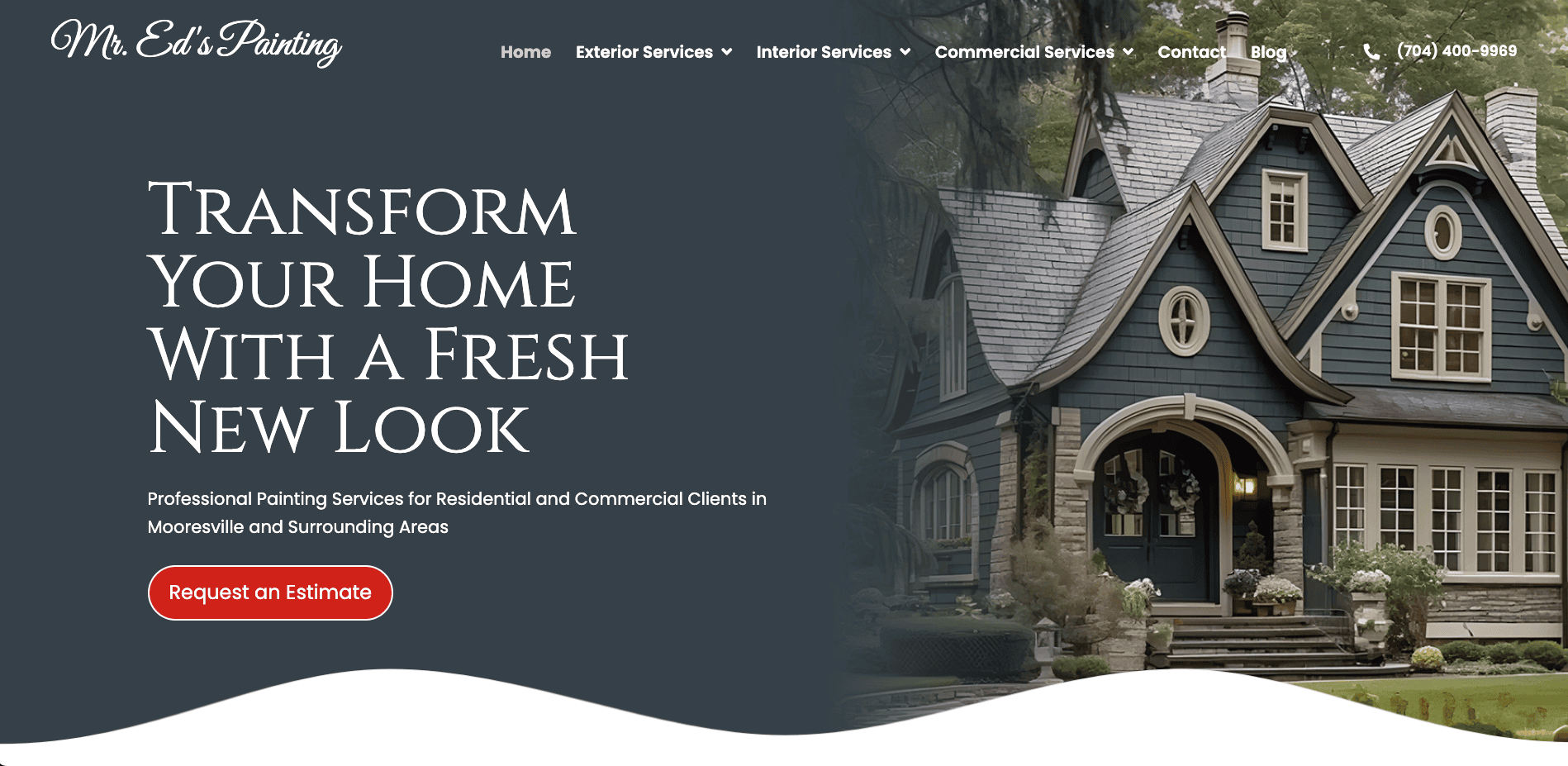 A dark blue house with white trim and a well-kept lawn is shown next to text promoting Mr. Ed’s Painting. The website offers painting services and has a red button labeled “Request an Estimate.”.