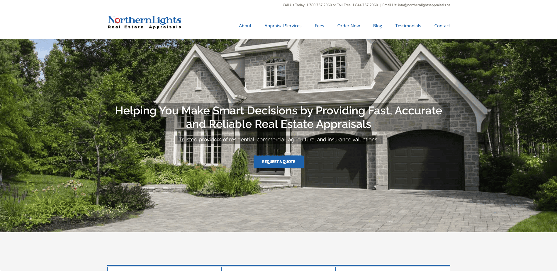 Screenshot of Northern Lights Real Estate Appraisals website homepage, showing a stone house with a two-car garage, green lawn, and text offering fast, accurate, and reliable real estate appraisals.