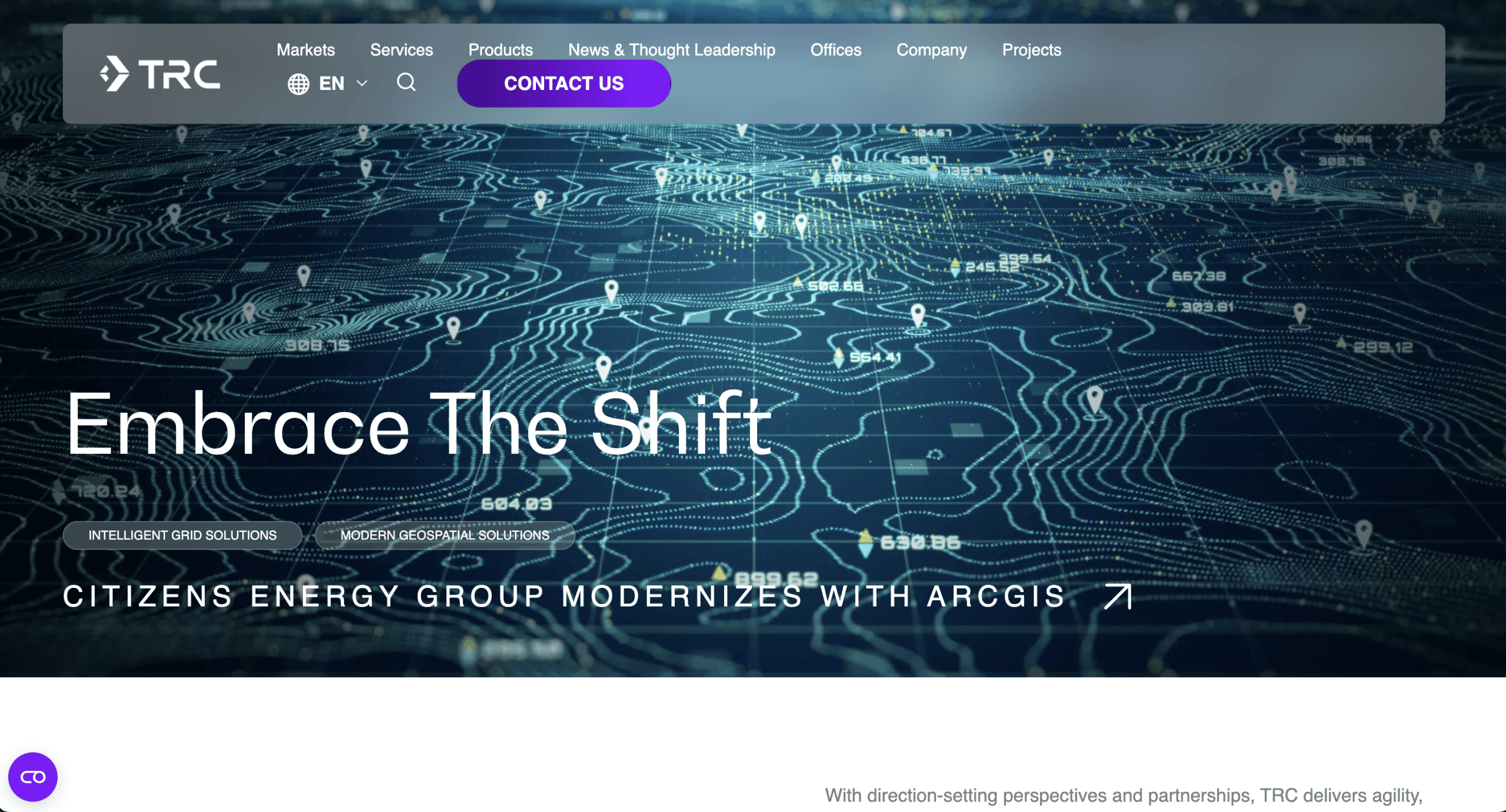 A digital map with contour lines and data points is displayed on the TRC website homepage with the text Embrace The Shift and Citizens Energy Group modernizes with ArcGIS. Navigation menu is visible at the top.
