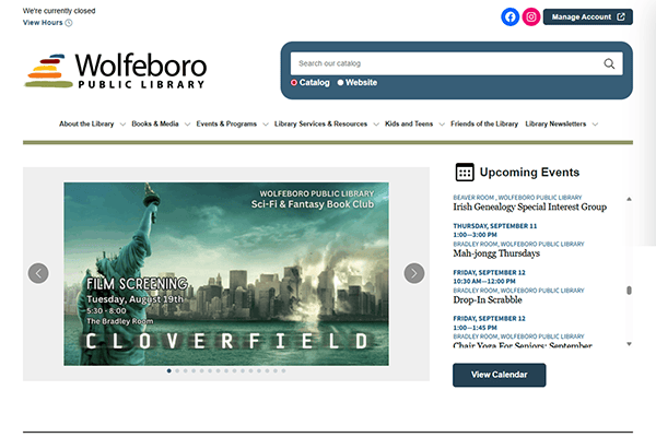 Screenshot of the Wolfeboro Public Library website homepage, featuring a search bar, navigation menu, a Cloverfield film screening event banner, and a sidebar listing upcoming Wolfeboro Public Library events.