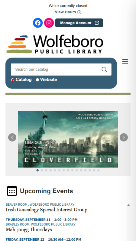 Screenshot of the Wolfeboro Public Library website, featuring a search bar, upcoming events, library resources, book categories, contact info, hours, and social media links in a blue and white themed layout.
