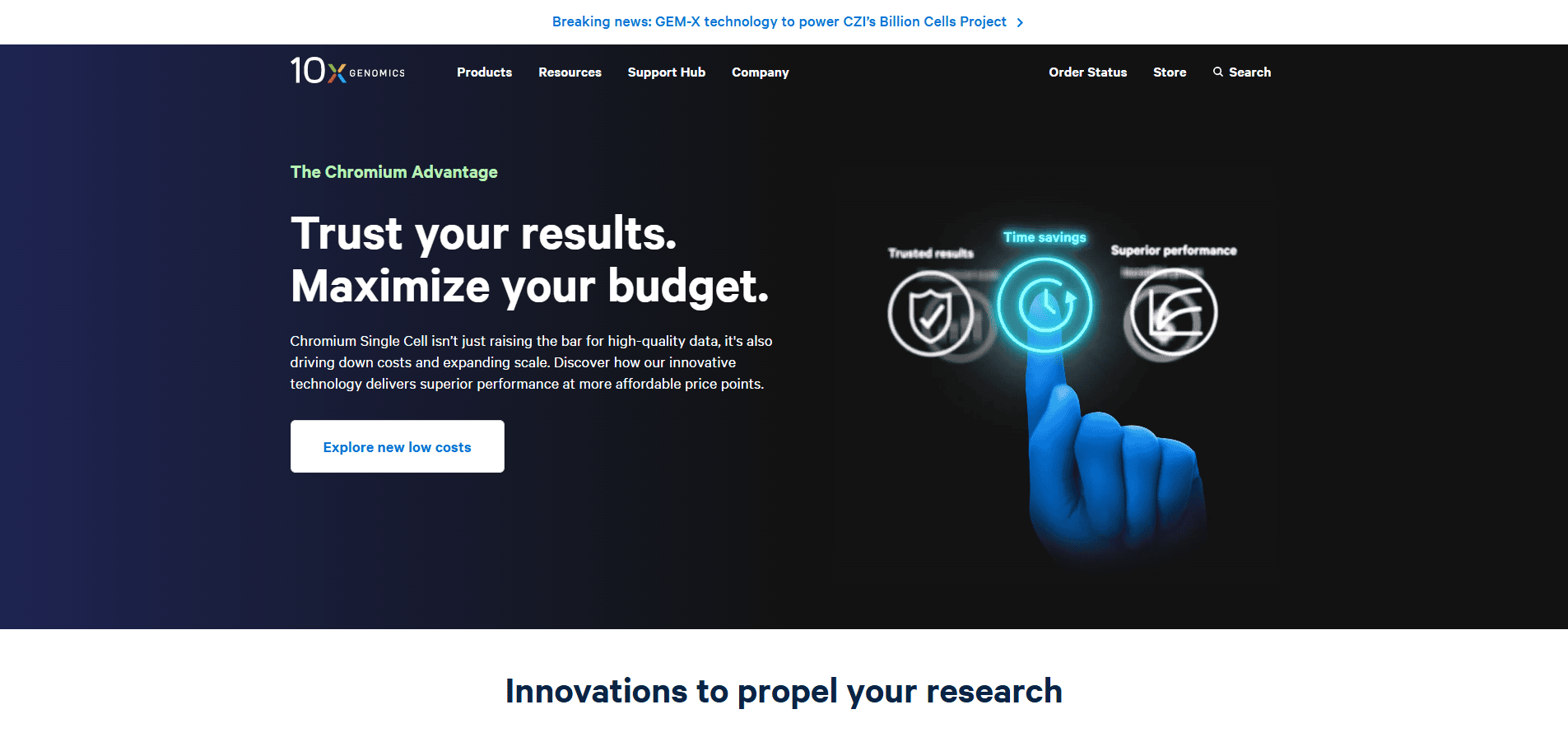 A website page for 10x Genomics promotes The Chromium Advantage, showcasing trusted results, time savings, and superior performance—just what leading biotech companies need. A glowing hand points to digital icons under the text Trust your results. Maximize your budget.