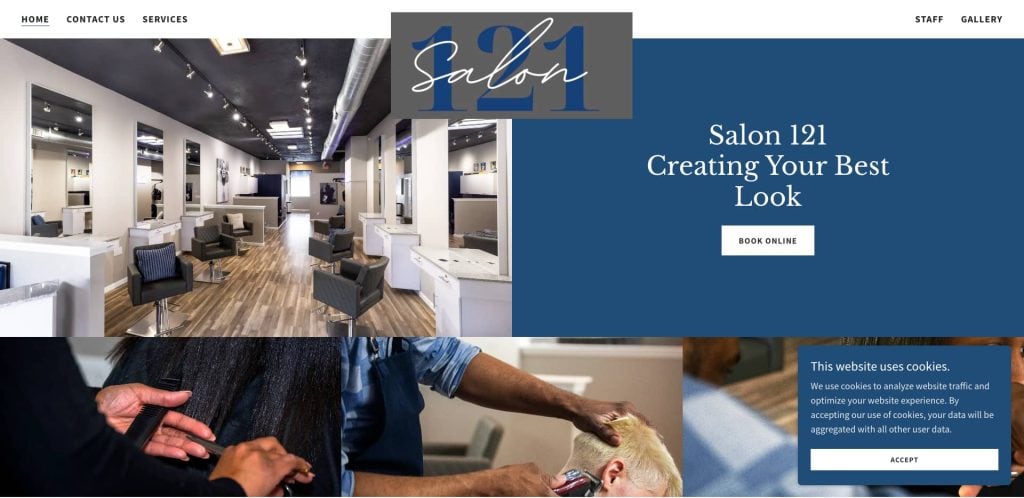 A modern hair salon interior with stylish chairs and mirrors, Salon 121 branding, a blue section reading Salon 121 Creating Your Best Look, and images of hairstylists working. A cookie consent pop-up appears.