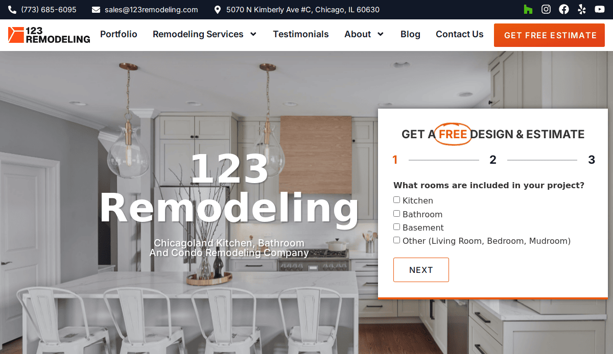 Screenshot of 123 Remodeling’s website design featuring a sleek white kitchen and a form to convert visitors seeking free estimates for kitchen, bathroom remodeling, basement, or other projects. The navigation menu and contact info appear at the top.