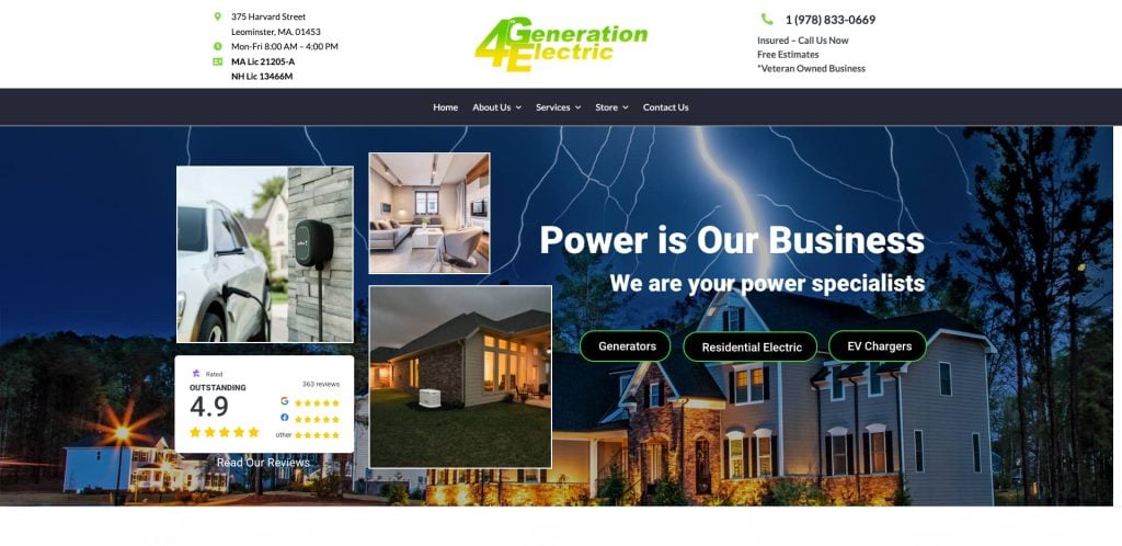 Website homepage for 4E Generation Electric featuring lightning, a lit house at night, an electric car charging, 4.9-star rating, and navigation menu for services like generators, residential electric, and EV chargers.