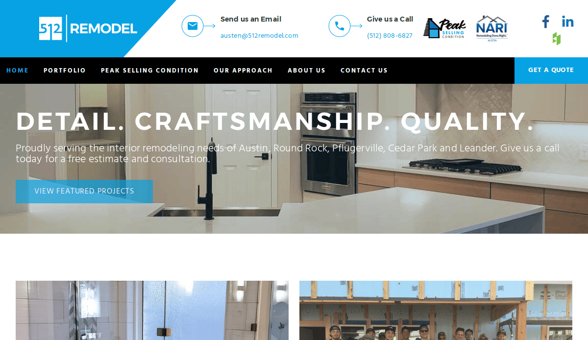 Screenshot of the 512 Remodel website homepage, a sleek Bathroom Remodeling Website Design featuring navigation links, contact information, and a banner image of a modern kitchen with the words Detail. Craftsmanship. Quality. displayed.