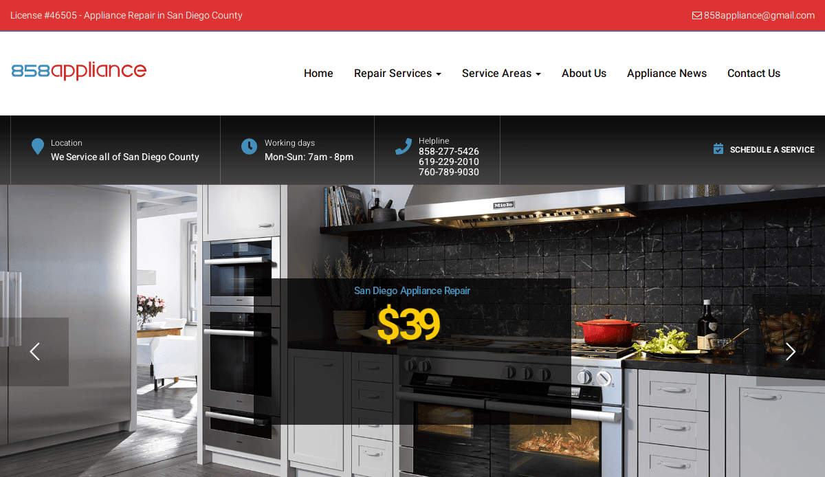 Screenshot of a professional website design for 858 Appliance shows a modern kitchen, contact info, service hours, menu, and a highlighted offer: San Diego Appliance Repair $39 in large yellow text.