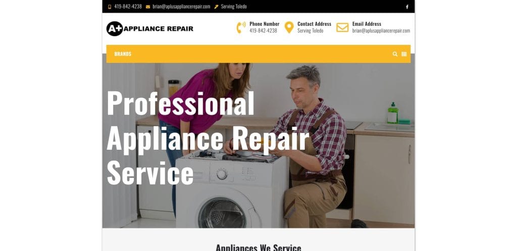 A repair technician kneels in front of a washing machine with tools, examining it, while a woman stands beside him watching. The website banner reads Professional Appliance Repair Service.