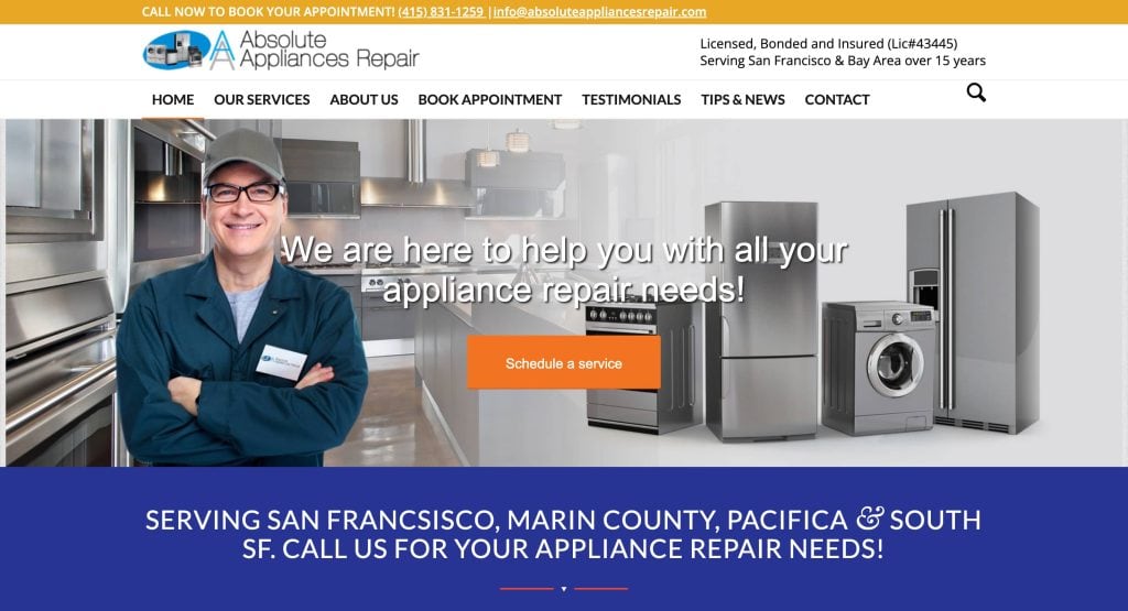 Homepage of Absolute Appliances Repair showing a smiling technician in uniform, various appliances (washer, fridge, oven), and buttons to schedule service. Banner reads: “We are here to help you with all your appliance repair needs!”.