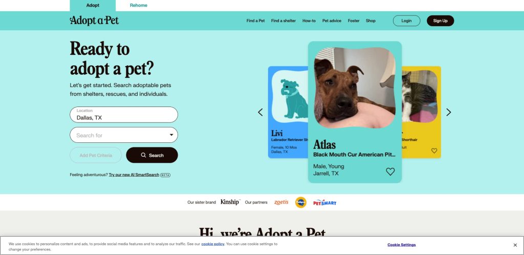 Screenshot of the Adopt a Pet website showing pet search options for adoptable pets in Dallas, TX, and a featured pet profile for Atlas, a young male Black Mouth Cur, with his photo and basic info.