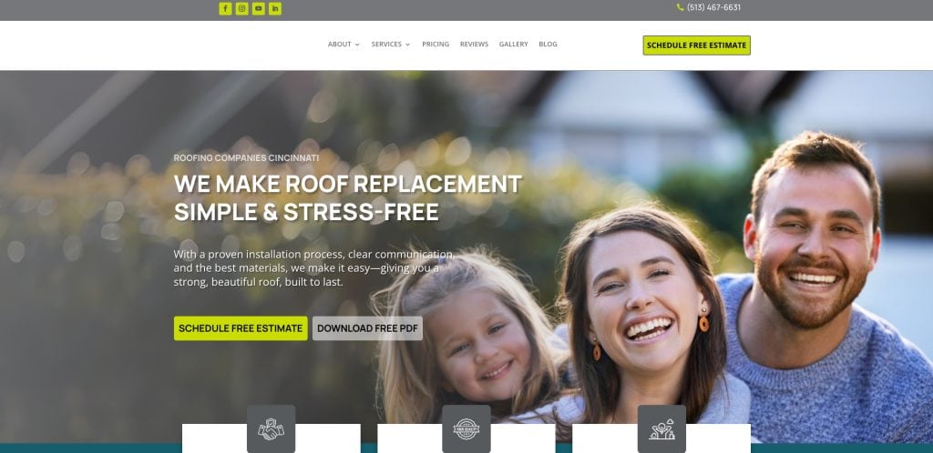A smiling family of four sits close together outdoors in front of a house. Website text promotes stress-free roof replacement with call-to-action buttons for scheduling a free estimate or downloading a free PDF.