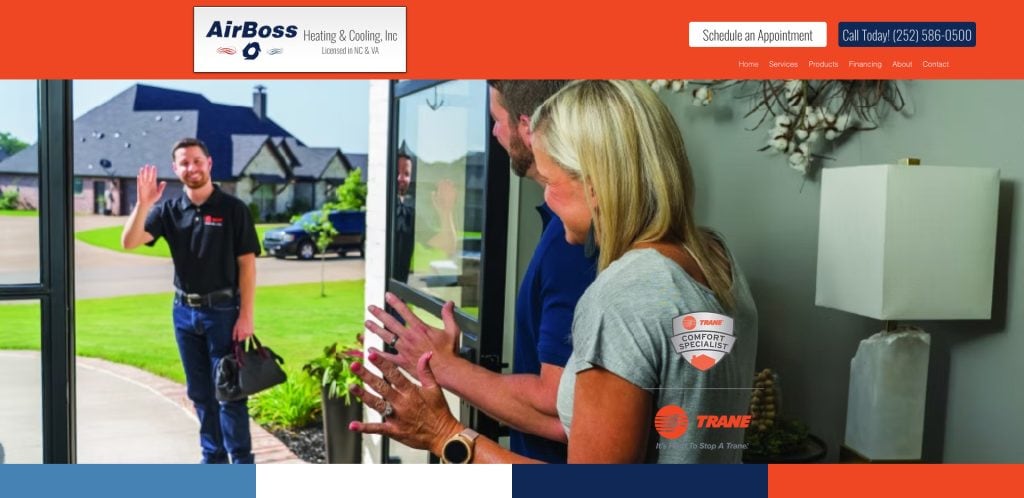 A man in a work uniform waves goodbye from outside a house, while a smiling couple stands inside, waving back through a glass door. The image features AirBoss Heating & Cooling branding and contact information at the top.