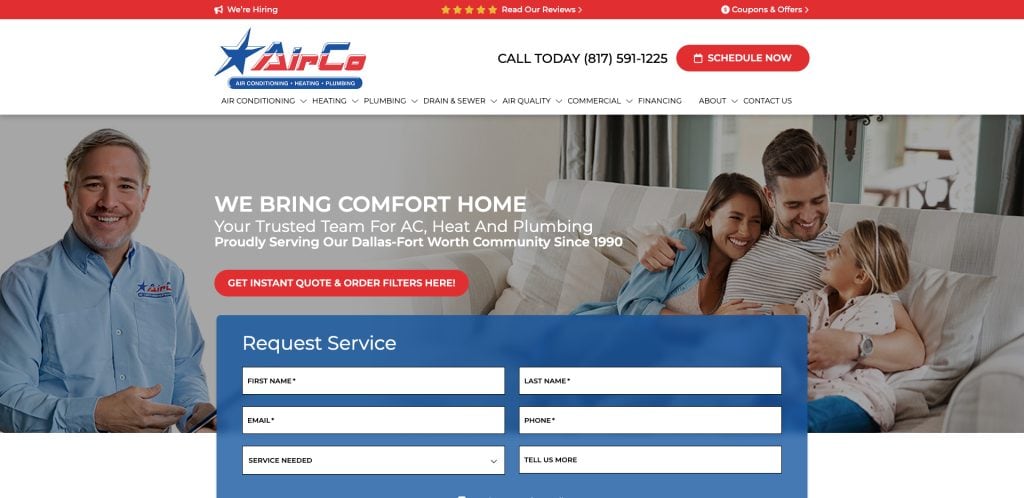 Screenshot of an HVAC service website. On the left, a smiling technician stands in uniform. On the right, a happy family sits on a couch. Below is a form to request AC, heating, or plumbing services.