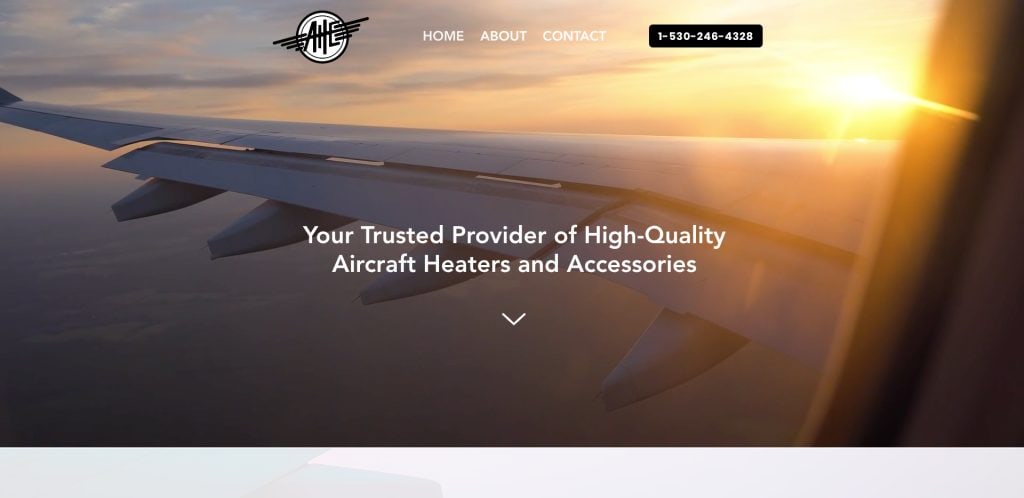 A view from an airplane window showing the wing against a sunset sky, with text overlay: Your Trusted Provider of High-Quality Aircraft Heaters and Accessories. Navigation menu and phone number are visible at the top.